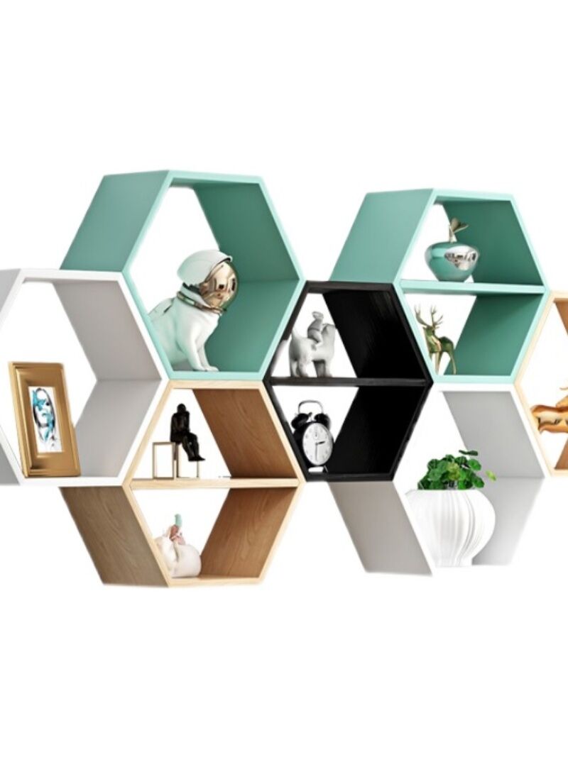 Hexagonal Wall Mounted Shelf Entrance Hall Living Room Simple Decorative Bookshelf Creative Grid Background Wall Frame. 