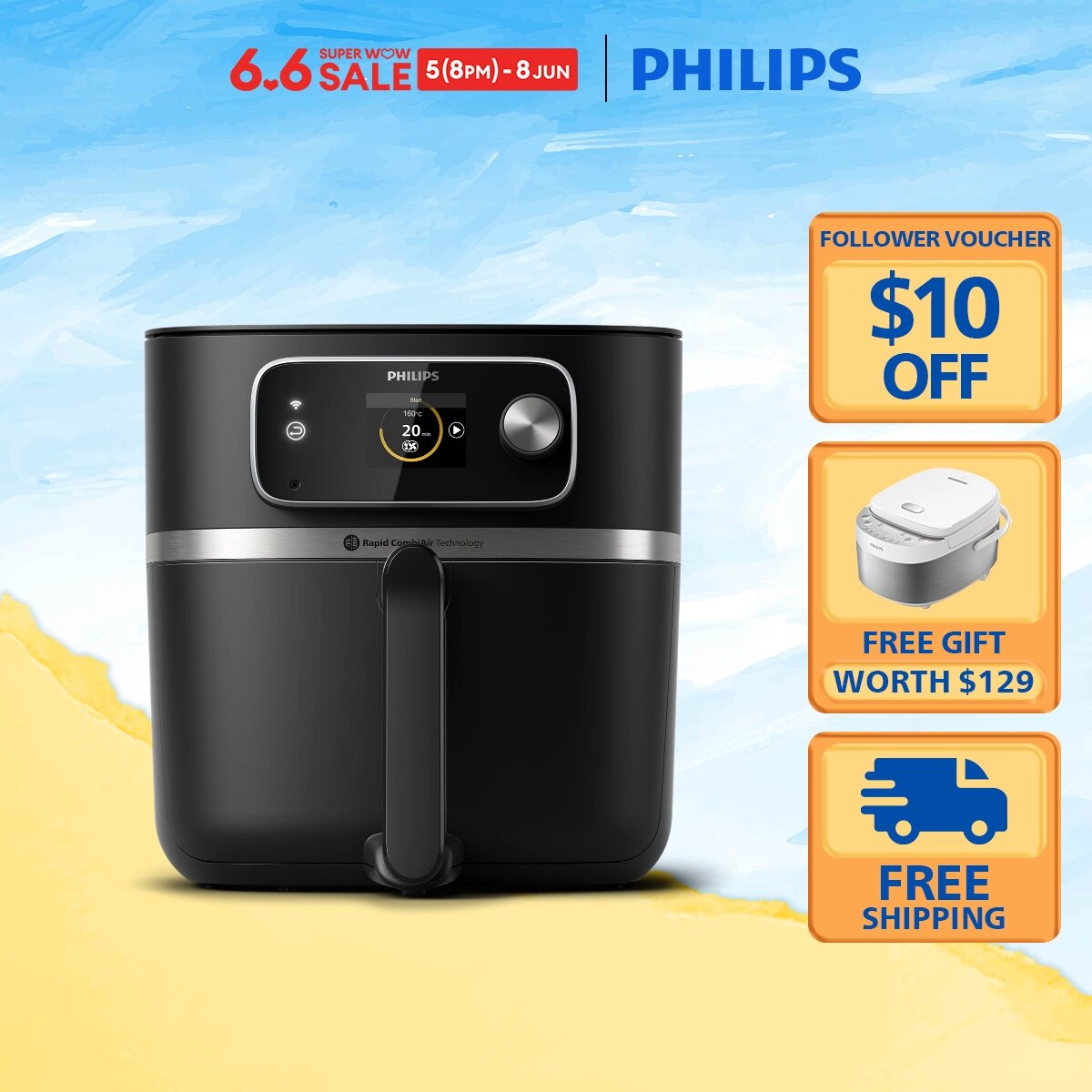 PHILIPS 7000 Series 22-in-1 Airfryer Combi XXL Connected - HD9880/90, Integrated Thermometer, Roast Bake Sous Vide