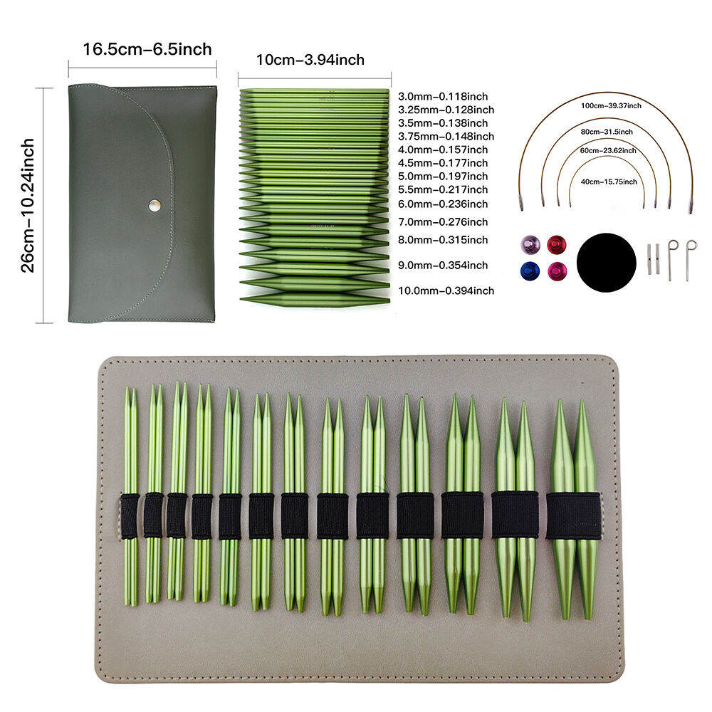 ≮529≯1 Set of 39 Pieces of Sweater Needles Green Alumina Removable Circular Needles 3.0-10.0mm 13 Card-Packed Pu Bag Set