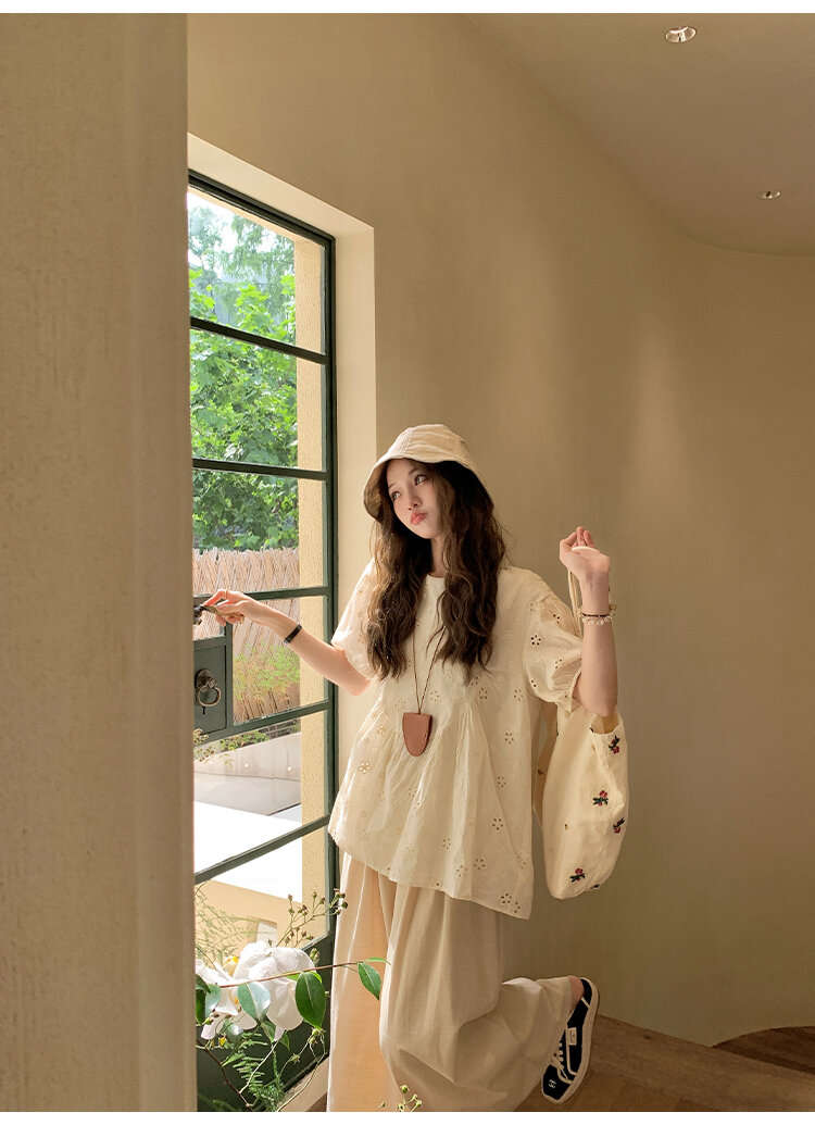 FF BLUE Summer Sunlight Cotton Embroidered Shirt Loose Short Sleeve Women's Casual Style round Neck Casual Fit Short Sleeve Top