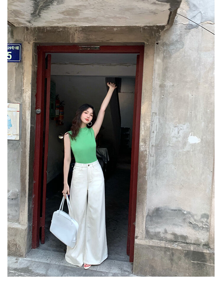 Wine Noon [Xixi] Hong Kong Style Retro Autumn High Waist Slim-Fit Wide-Legged Pants Micro-La Mop Pants White Denim Female · v2