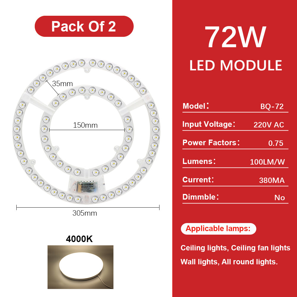 Led Panel 220V Ceiling Light Replacement Led Module 72W Round Circle Light Panel Board 6000K/4000K Module For Ceiling Fan Lights