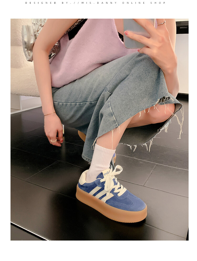 Yellow Genuine Leather Thick Bottom Deqin Shoes Women's Spring Style Casual All-Match Flat Heel Comfortable Sports Sneakers · v7