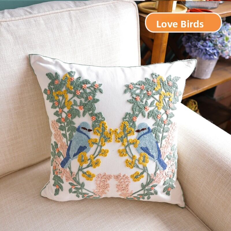 Pure Cotton Embroidered Floral Pillowcase Sofa Cushion Cover INS Style Blue Series Plant Flower Lounging Pad Home Decor