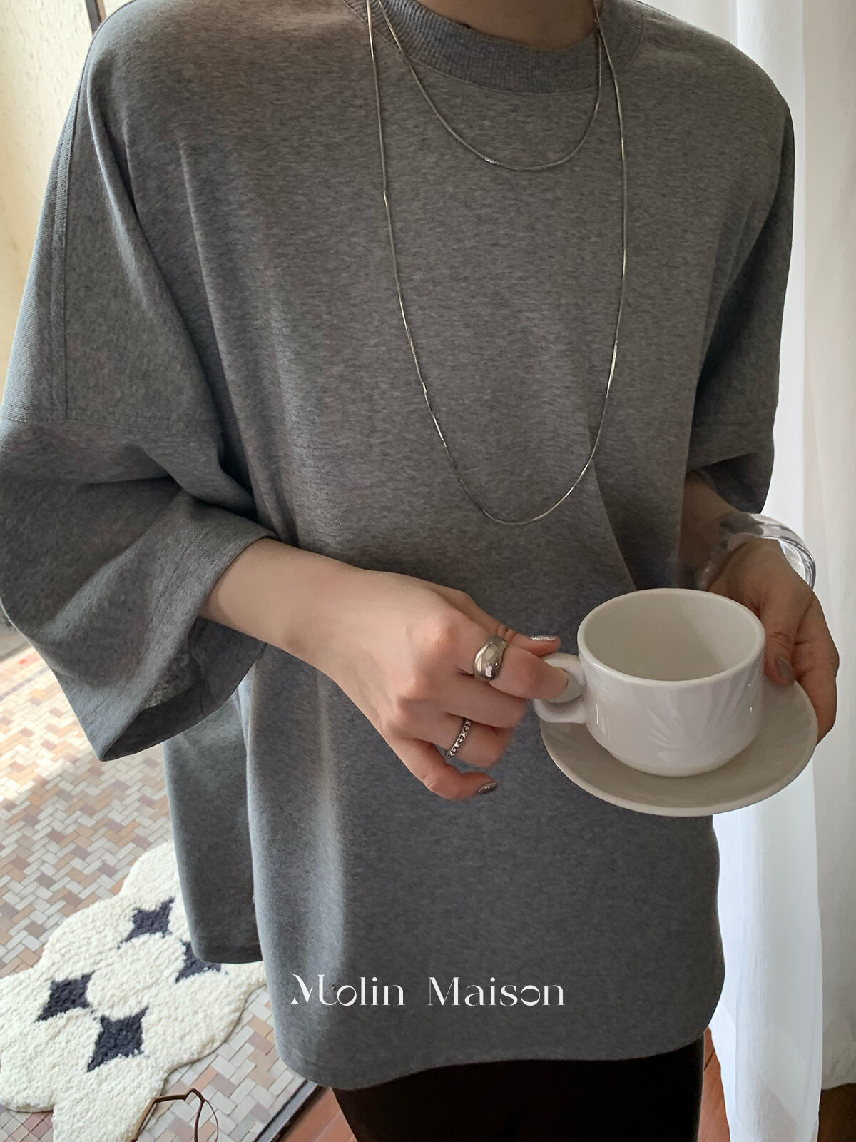Molin ROW Batwing Sleeve T-Shirt Women's Loose Side Slit Oversize Summer Short Sleeve Cotton Polyester Blend round Neck Top