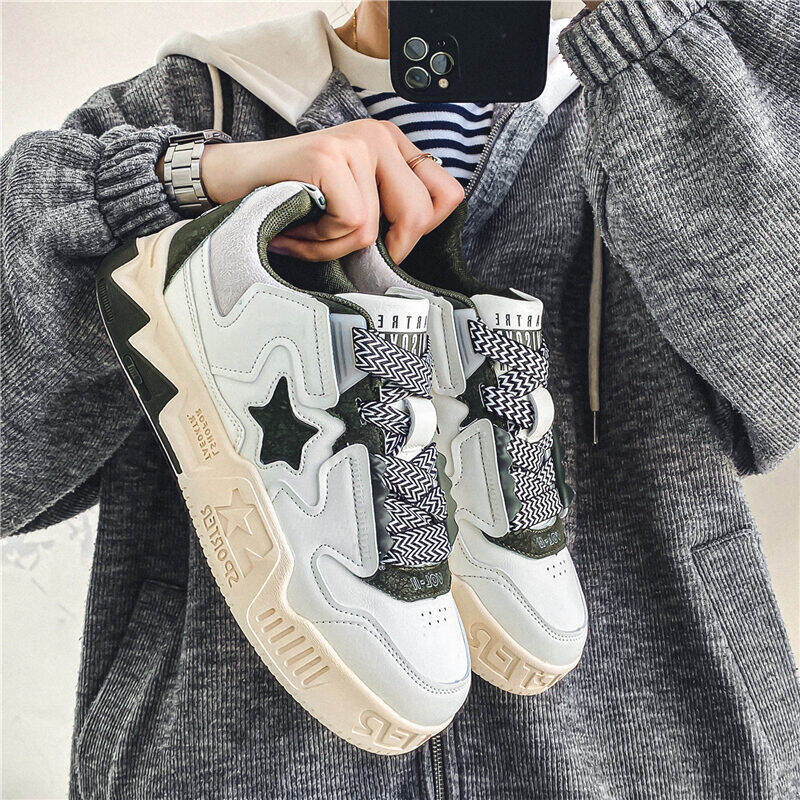 2023 New Men's Thick Bottom Casual Sneakers Star Board Shoes Breathable Laced round Toe Sporty Rubber Outsole Comfortable