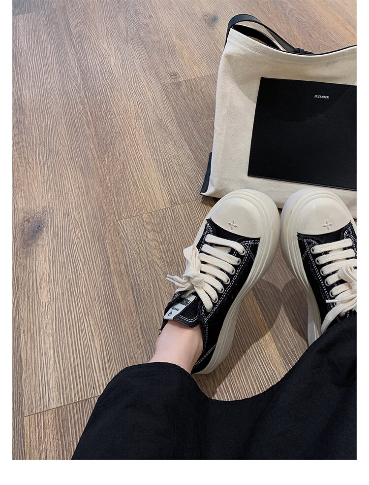 Women's Low Top round Toe Laced Canvas Shoes Thick Bottom Cross Pattern White Sneakers Worn in Dirty Looking Shoes · v11