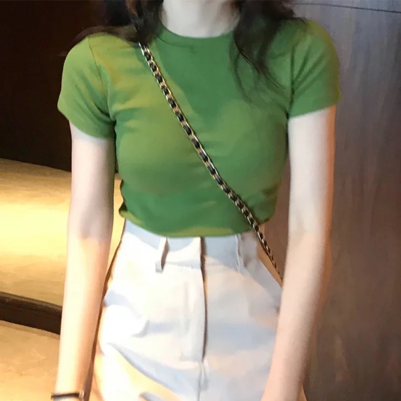 Women's Crop Top Short Sleeve T-shirt, Slim Super Popular CEC Tight Cotton Avocado Green High Waist Top