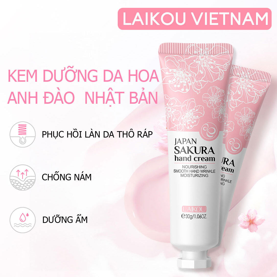 Kem dưỡng da tay LAIKOU hoa anh đào Nhật Bản nuôi dưỡng làm sáng phục hồi làn da thô ráp cao cấp 30g