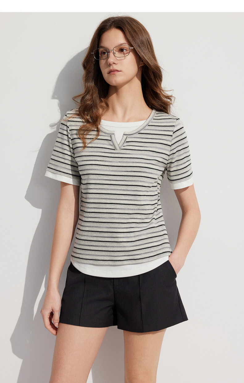 ELLE French Design Splice Color Striped Short Sleeve T-shirt for Women Simple Casual Summer 2024 New Arrival