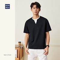 Hansca | Pleated Appearance Short Sleeve Contrast Color Loose Breathable T-shirt 190g