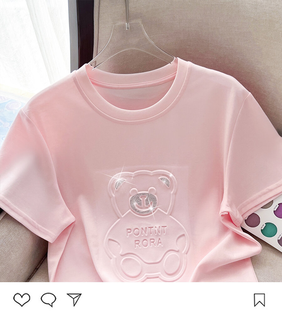 Summer New Pure Cotton Short Sleeve T-Shirt Women's Cartoon 3D Bear Heavy-duty Rhinestone Loose Half Sleeve Simple Trendy