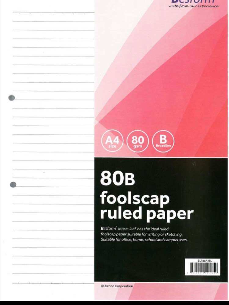 Besform Foolscap Ruled Paper 80B/ A4 80gsm/ Broadline (80 single Sheets loose sheets ) by Azone