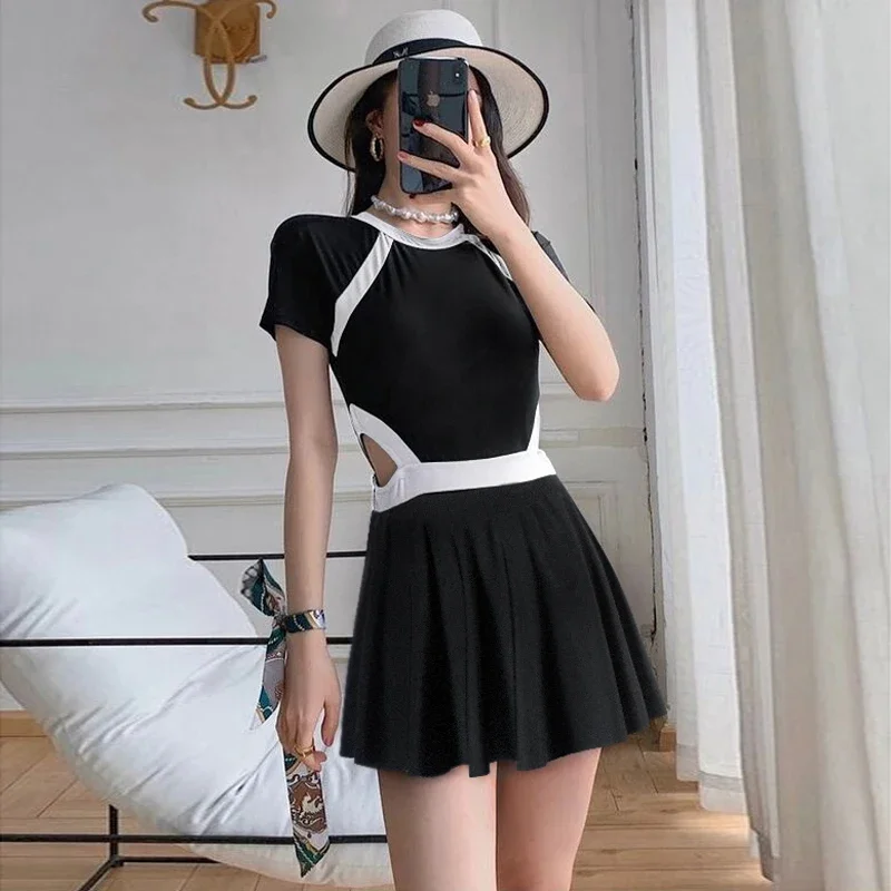 Swimsuit Female Summer New Sexy Skirt One-Piece Teenage Conservative Small Chest Gathered Cover Belly Thin Hot Spring Swimsuit