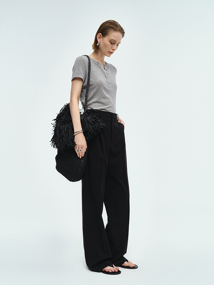 RoseLingLing Ultra-Fine Australian Silk Wool Blend Slimming Knit T-Shirt with Henley Collar for Women Casual Summer Style