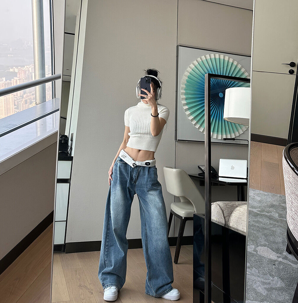 DQSTORE Jeanshose für Damen mit hoher Taille und weitem Bein, hellfarbiges Baumwollmaterial, Frühlings- und Sommersaison, ideal für Geburtstagsfeiern von 18-24