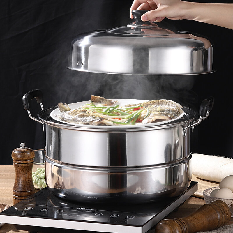 Thickened DoubleLayer Extra Large Household Steamer Stainless Steel 2Layer Steaming Buns and