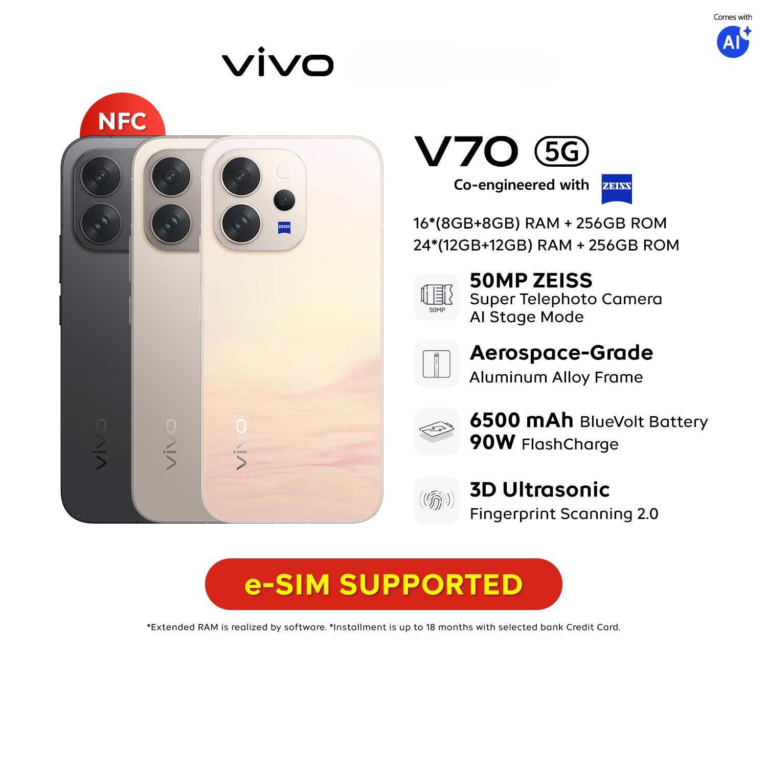 【New Arrival vivo V70 5G】| AI Stage Mode | 6500mAh BlueVolt Battery+90W FlashCharge | 3D Ultrasonic Fingerprint Scanning 2.0 | Aerospace-Grade Aluminum Alloy Frame | 4K 60 fps Video | NFC