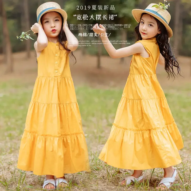 Children's Clothing 2020 Summer Girls' Cotton Loose Dress Western Style Vest Dress Beach Dress Children and Teens Princess Dress