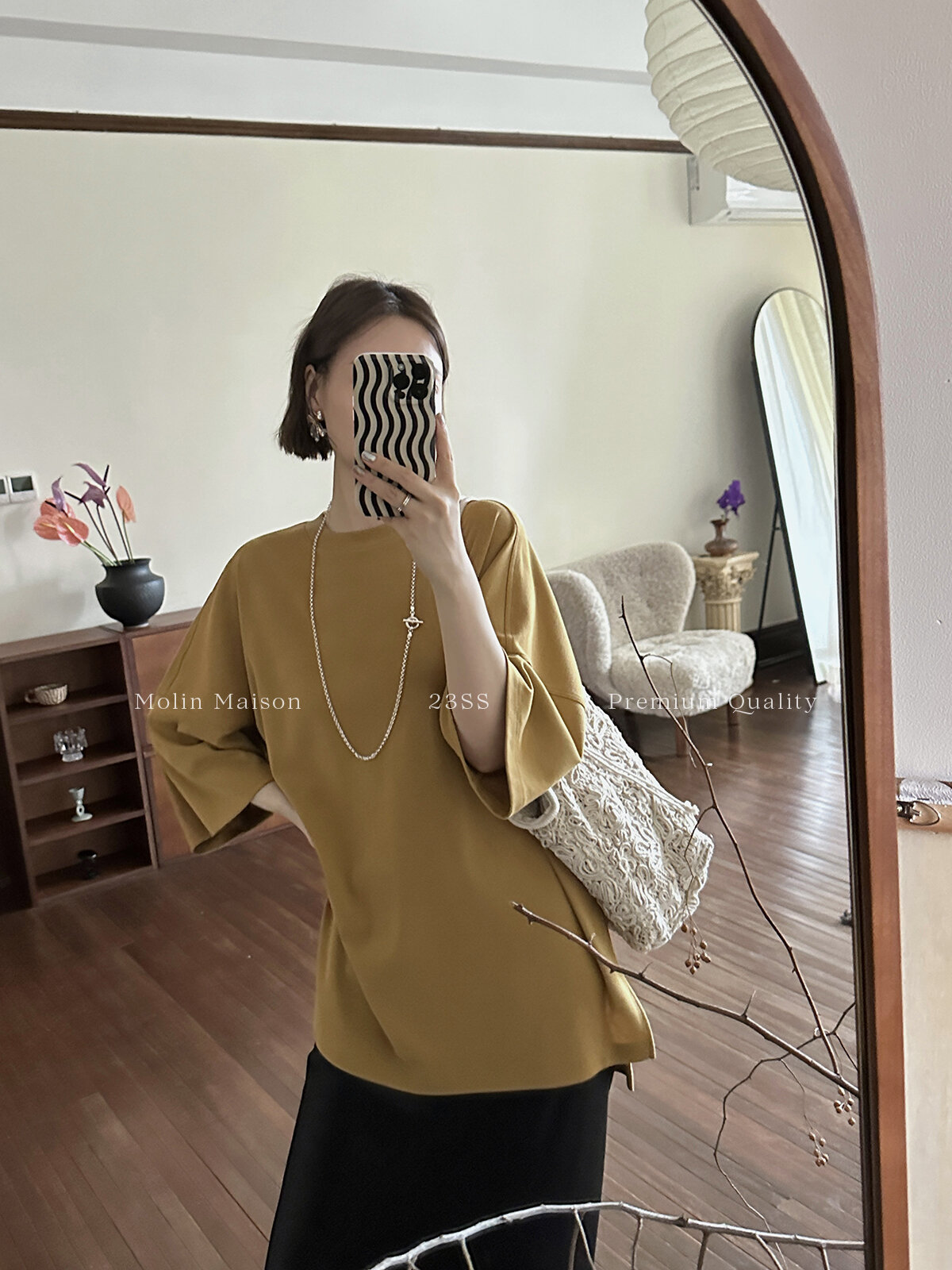 Molin ROW Batwing Sleeve T-Shirt Women's Loose Side Slit Oversize Summer Short Sleeve Cotton Polyester Blend round Neck Top
