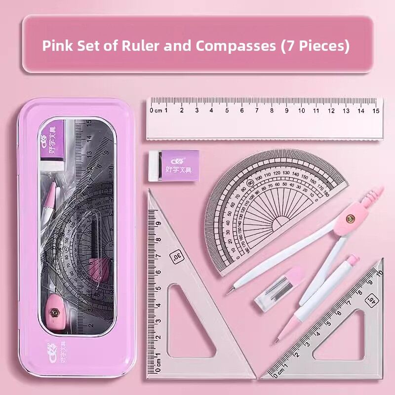 Student Compass Set Seven-Piece Set Drawing Tools Protractor Ruler Boxed Stationery for Exams And Measurements