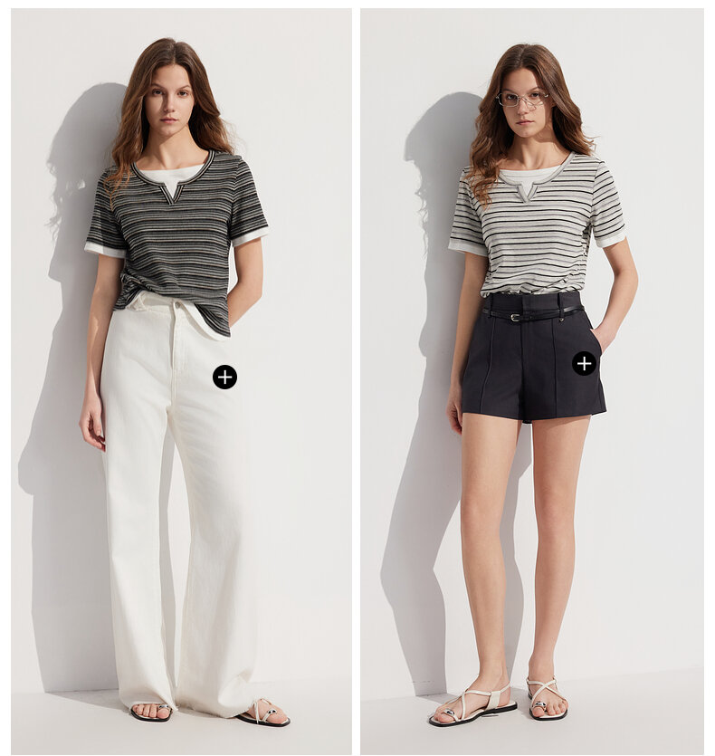 ELLE French Design Splice Color Striped Short Sleeve T-shirt for Women Simple Casual Summer 2024 New Arrival