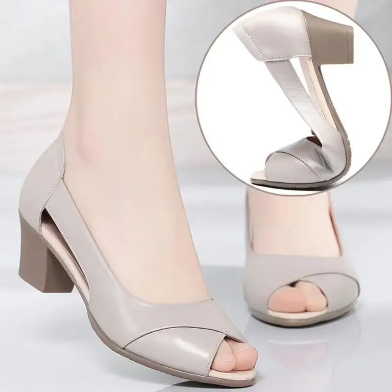 2021 Summer Mid Heel High Heel Peep-Toe Shoes Women's Shoes for Work Comfortable Mom Shoes Chunky Heel Peep Toe Sandals Women