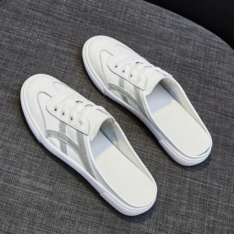 Genuine Leather Internet Celebrity Heel-Free Slippers for Women Outdoor Slippers 2021 Spring and Autumn New Flat All-Match Toe Cap Semi Slipper White Shoes