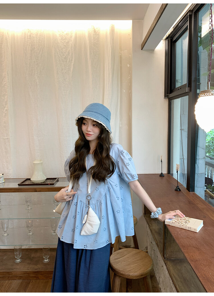 FF BLUE Summer Sunlight Cotton Embroidered Shirt Loose Short Sleeve Women's Casual Style round Neck Casual Fit Short Sleeve Top