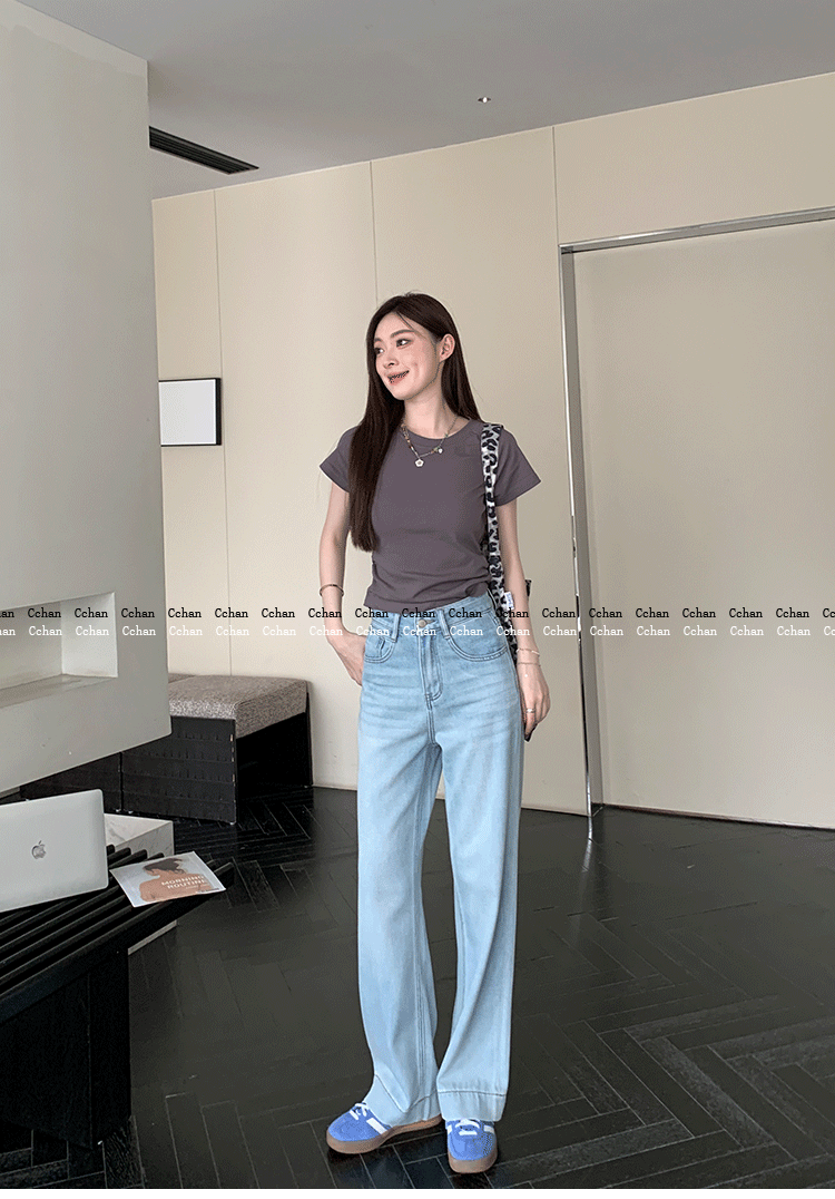 Out of Print Contraction Trouser ~ Glacier Blue Straight-leg Narrow Version Denim Women's Summer Thin High Waist Loose Mop Wide-Leg Pants