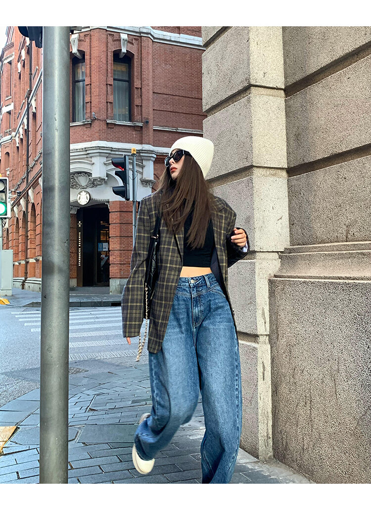 Chenmi Fan Blau Jeans mit hoher Taille und weitem Bein für Damen Herbst Neu Locker lässige gerade Hosen Hoch aussehende lange Hosen
