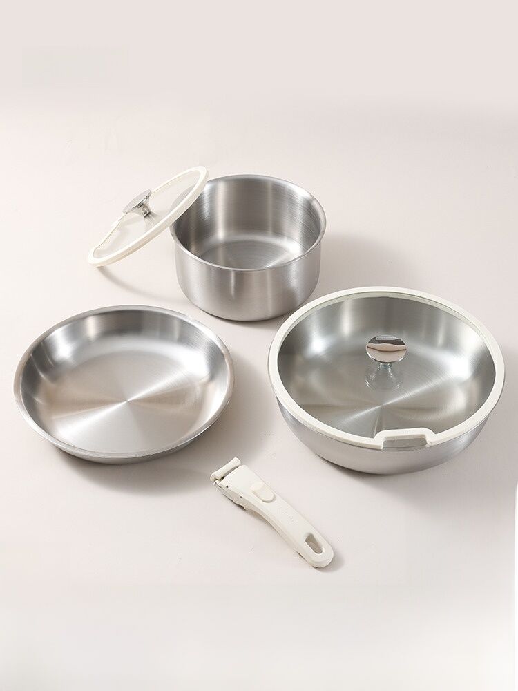 Carote Stainless Steel Non-Stick Removable Handle Frying Pan Milk Pot Set Home Use Cookware Set Single Layer Thick Bottom. 
