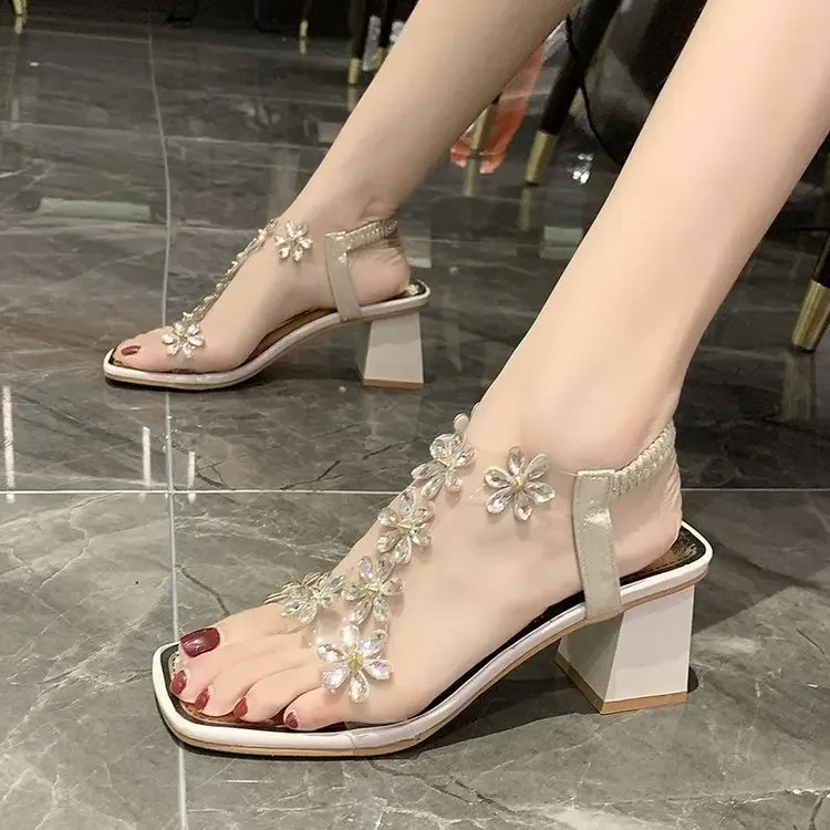 2021 Summer New Korean Fashion Rhinestone Open Toe Sandals All-Match Buckle Chunky Heel Fresh High Heels Women