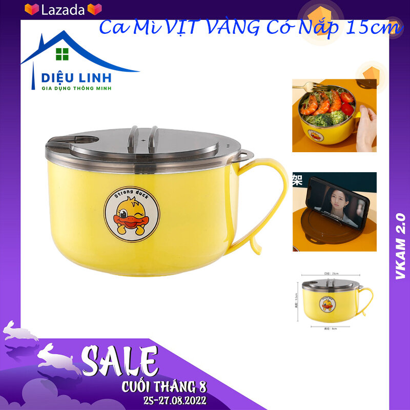  Ca mì inox giữ nhiệt Vịt vàng size 15cm có tay cầm cách nhiệt kèm nắp đậy thông minh bát ăn mì tô mì tô ăn mì dieulinhshop 