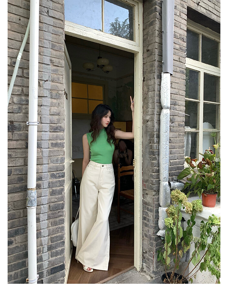 Wine Noon [Xixi] Hong Kong Style Retro Autumn High Waist Slim-Fit Wide-Legged Pants Micro-La Mop Pants White Denim Female · v2