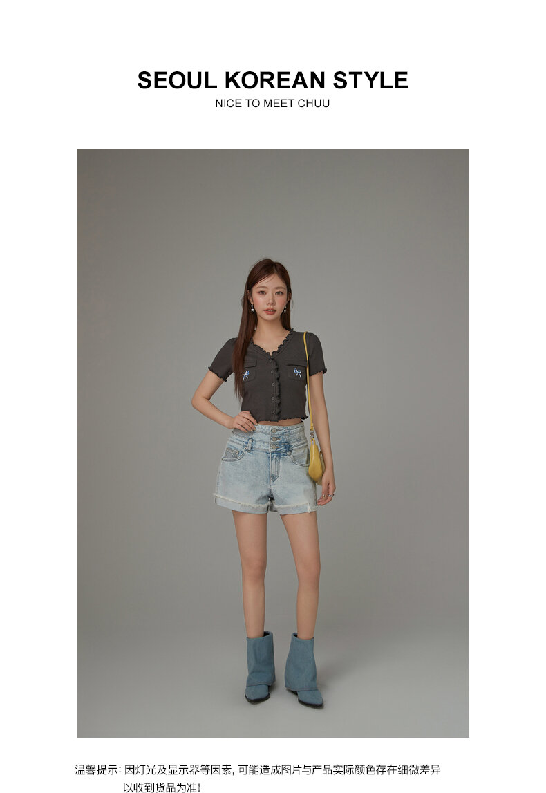 Chuu Butterfly Knot Embroidery Short Sleeve T-Shirt Women's New Summer Spicy Hollow out Ear Short Top Korean Style Cotton V-neck