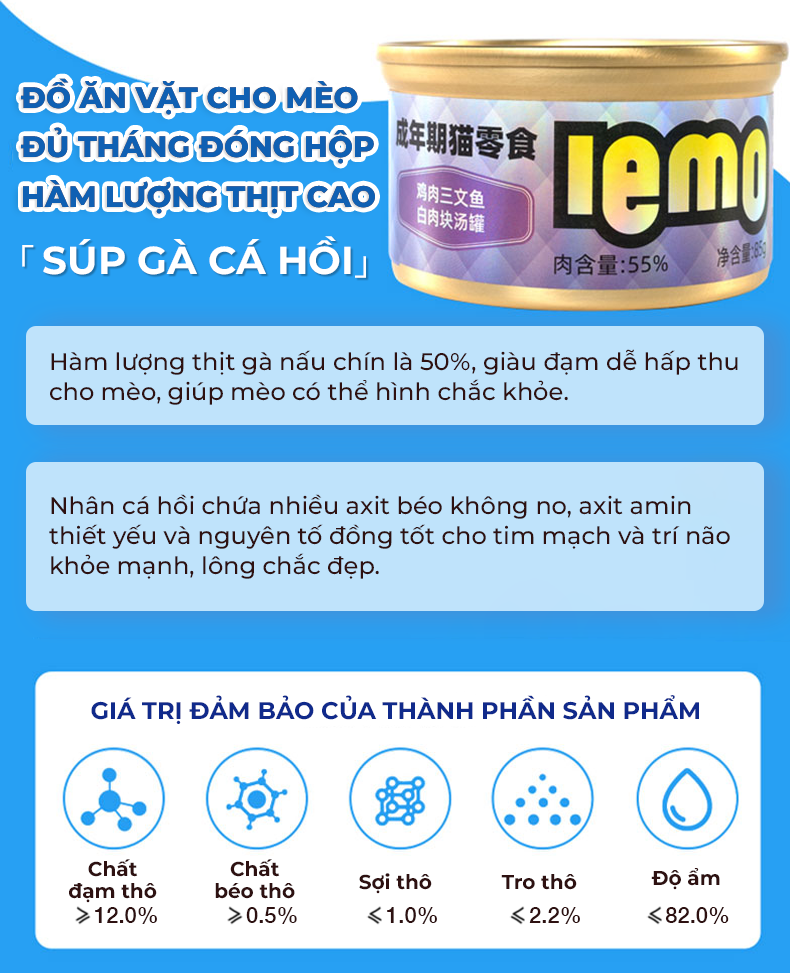 Pate cho mèo lemo đóng hộp (Gà + Cá hồi miếng)
