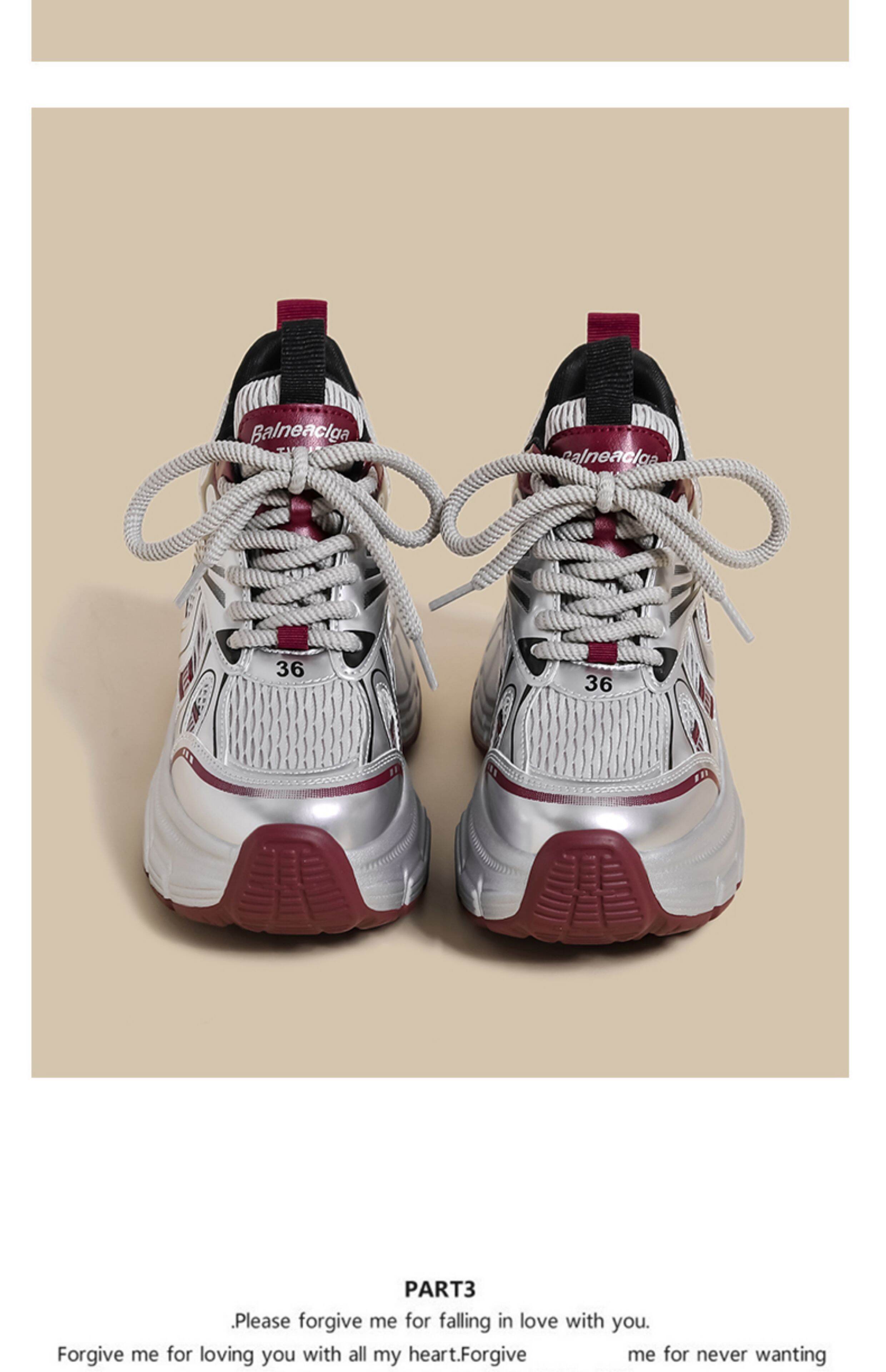 Women's Sport Shoes Casual Thick Bottom Net Surface Heightening Silver Color Spring New Style Fashionable round Head Rubber Outsole · v27
