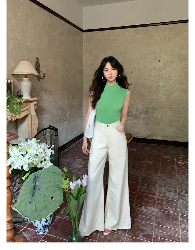 Wine Noon [Xixi] Hong Kong Style Retro Autumn High Waist Slim-Fit Wide-Legged Pants Micro-La Mop Pants White Denim Female · v2