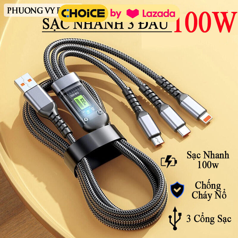 Dây Cáp Sạc Nhanh 3 Đầu 100W Dài 1m2 Hỗ Trợ Sạc Nhanh 3 Trong 1 Chống Đứt, Chống Rối