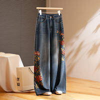 XUEFULING | Elegant Embroidered Chinese Style High Waist Slim Fit Straight Leg Jeans