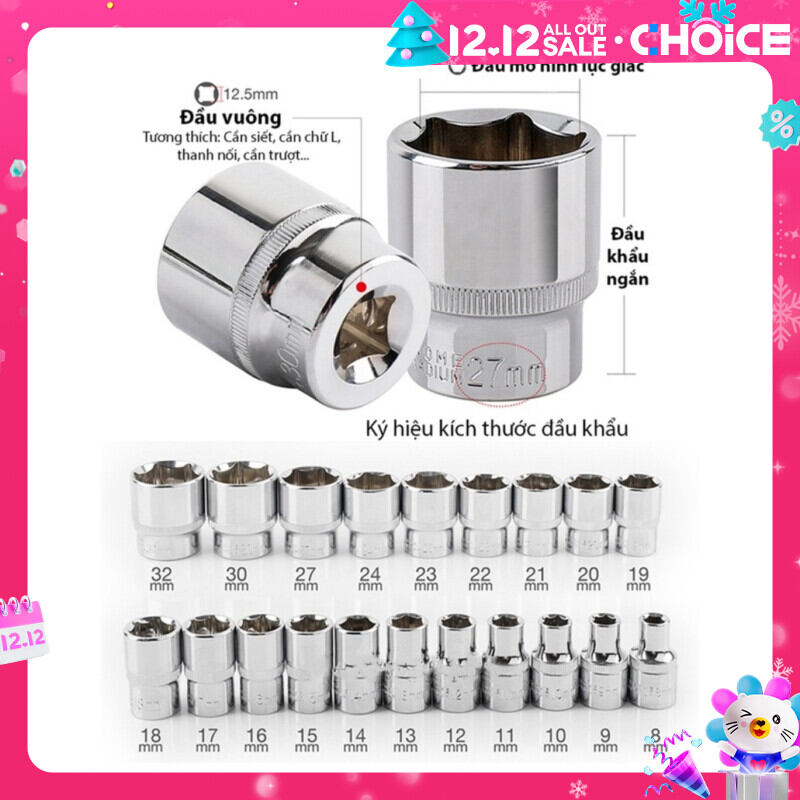 Đầu tuýp 1/2 KAPUSI 8-32mm, đầu típ, đầu khẩu lục giác đủ kích cỡ thép CR-V siêu cứng mở bulong ốc, đầu tiếp lục giác