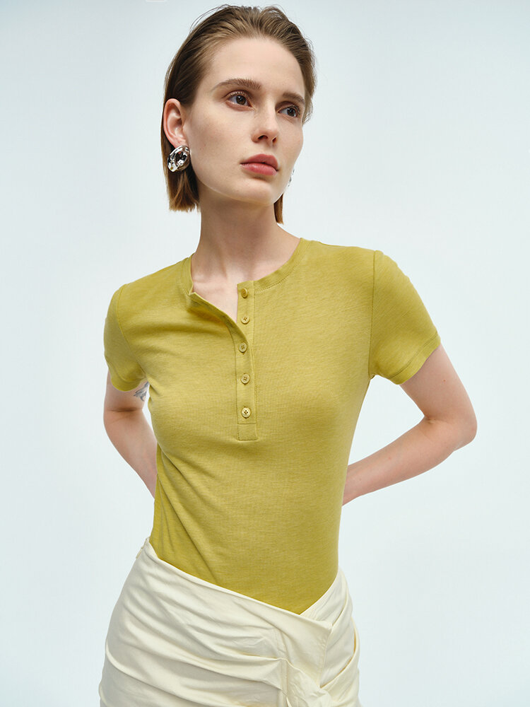 RoseLingLing Ultra-Fine Australian Silk Wool Blend Slimming Knit T-Shirt with Henley Collar for Women Casual Summer Style