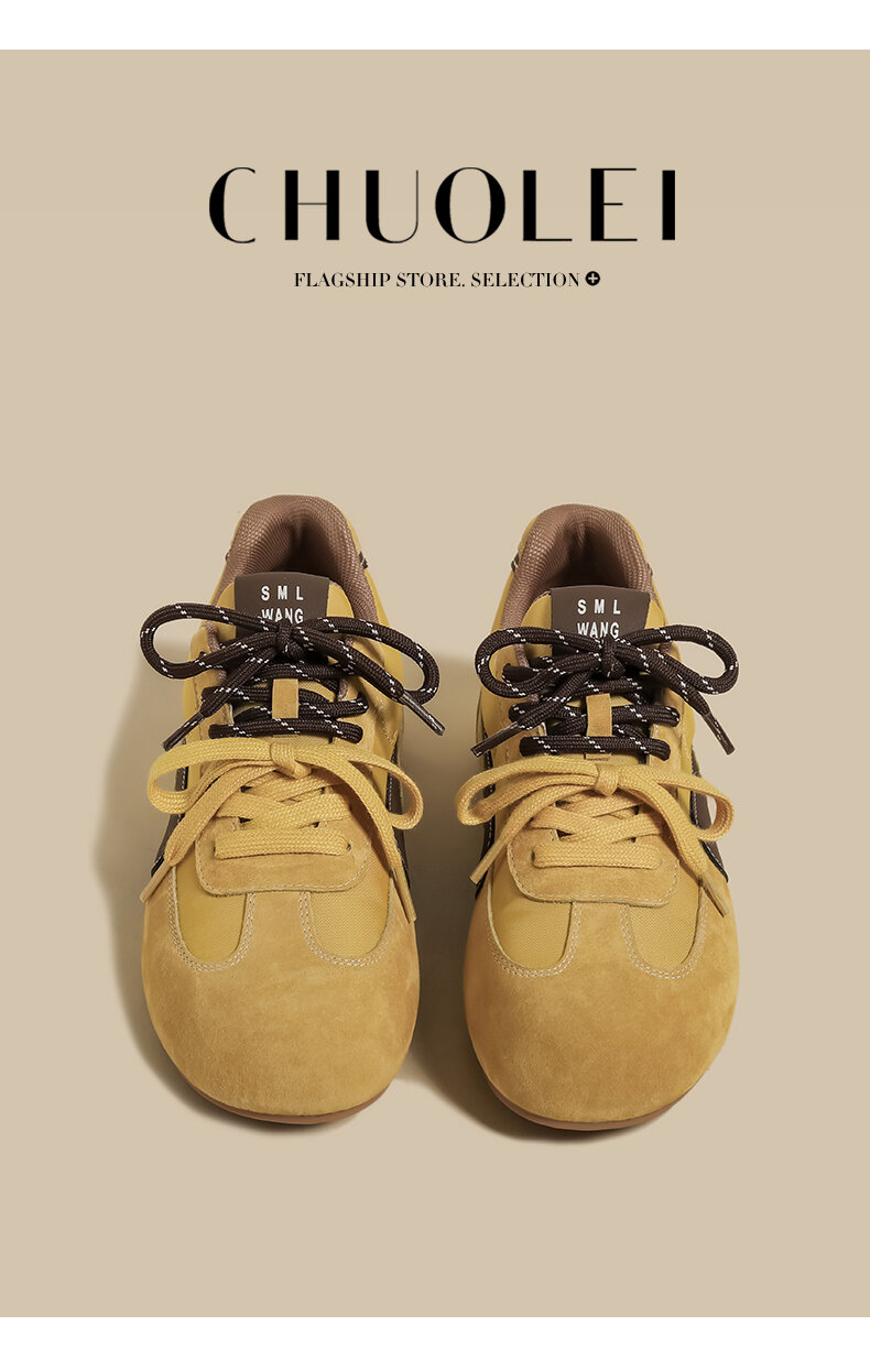 Sepatu Wanita Sporty Bertali Gesper Kuning Mustard Jelek Lucu Kepala Besar Roti Sepatu Olahraga Kasual Tren Mode Musim Semi 2025