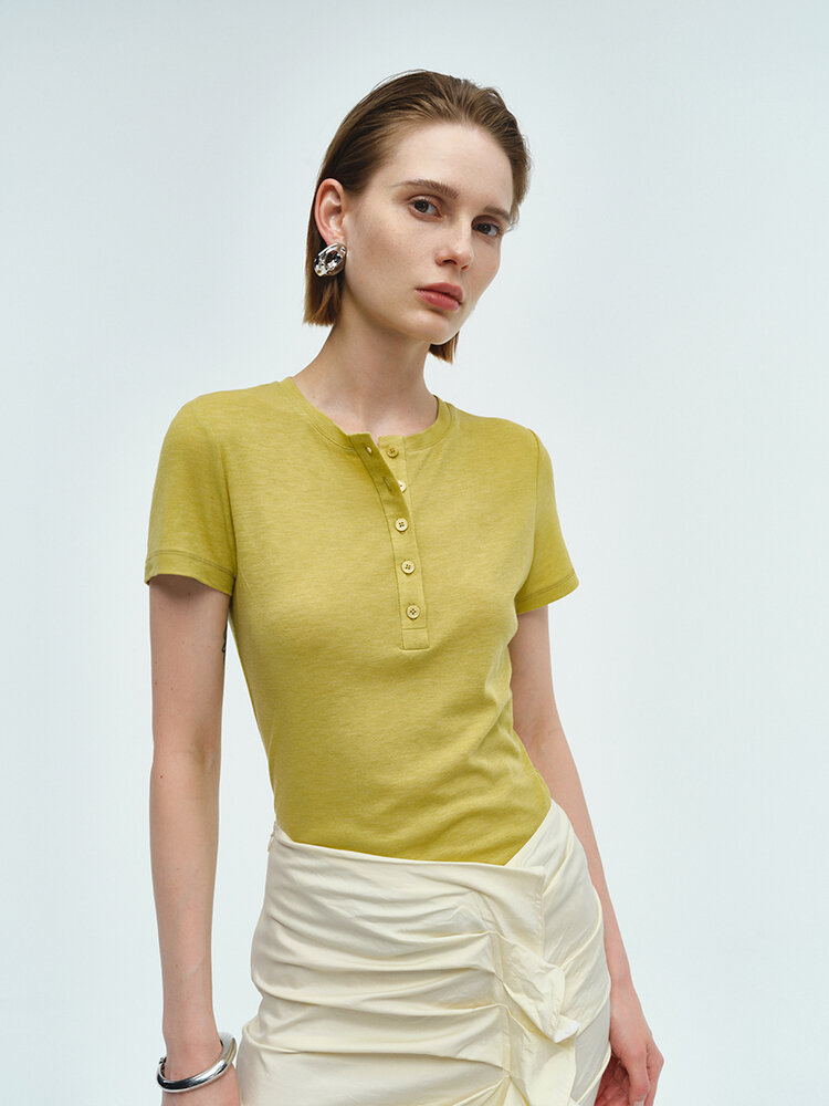 RoseLingLing Ultra-Fine Australian Silk Wool Blend Slimming Knit T-Shirt with Henley Collar for Women Casual Summer Style