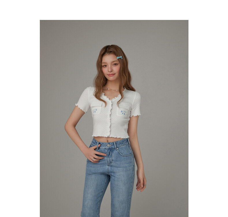 Chuu Butterfly Knot Embroidery Short Sleeve T-Shirt Women's New Summer Spicy Hollow out Ear Short Top Korean Style Cotton V-neck