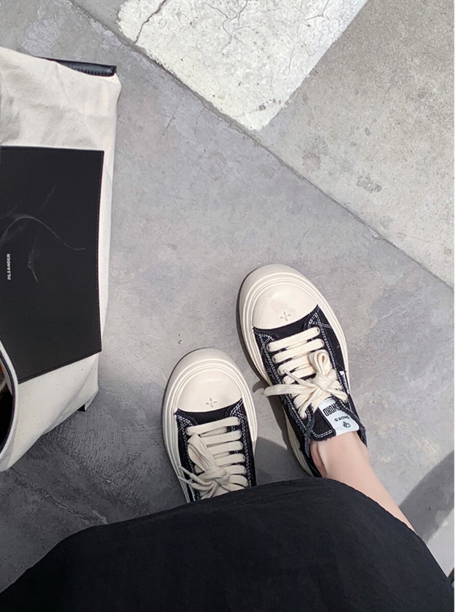 Women's Low Top round Toe Laced Canvas Shoes Thick Bottom Cross Pattern White Sneakers Worn in Dirty Looking Shoes · v11