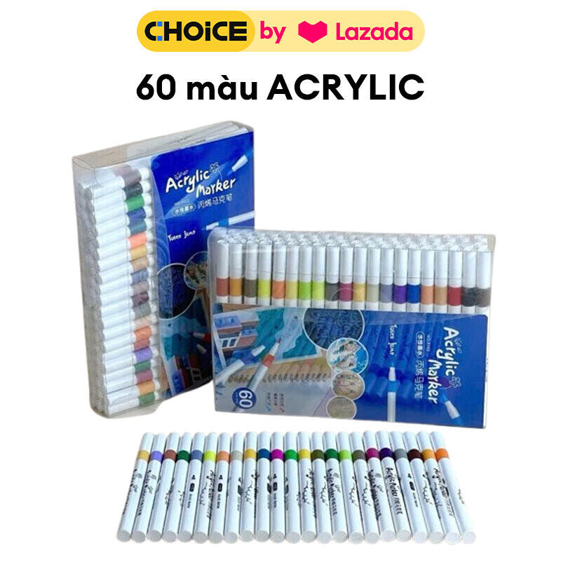 Set 60 màu ACRYLIC Marker ĐẦU NHỌN CHỐNG THẤM NƯỚC Không Vẽ Lên Đồ Vật Nhẵn, lau được khi dính lên da