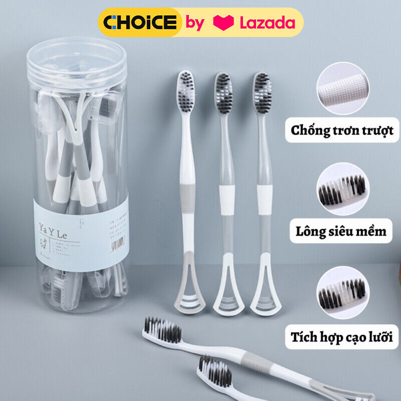 Hộp 8 Bàn Chải Đánh Răng 2in1 Kèm Rơ Lưỡi Tiện Lợi, Set 8 Bàn Chải Than Tre Hoạt Tính Thiết Kế 2 Đầu