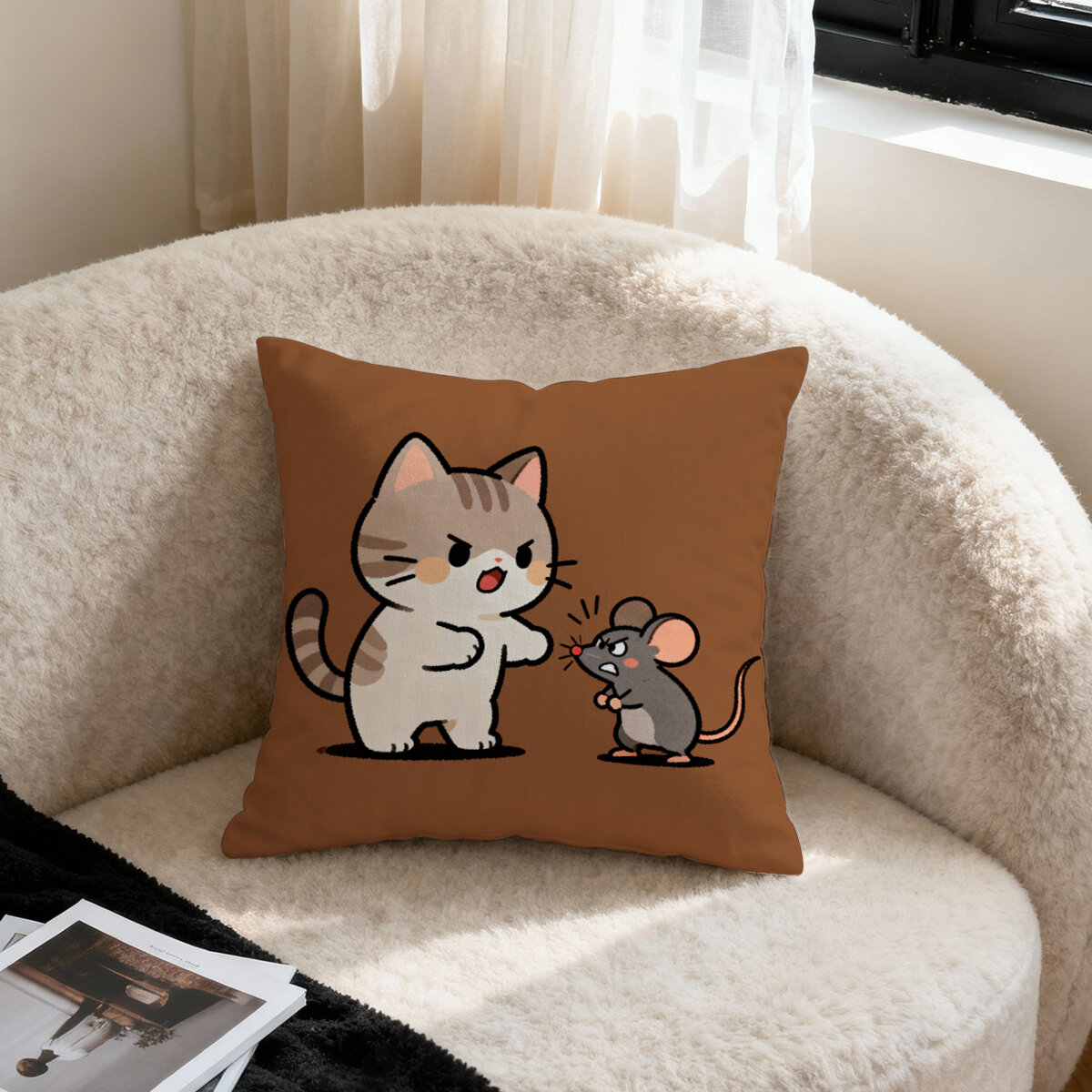 Cute Cartoon Cat Pillow Cover Brown Sofa Chair Backrest Living Room Bed Square Fluffy Material Washable Home Decor Cushion